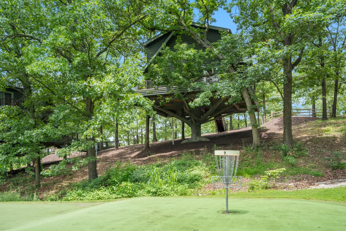 A playful disc golf basket stands near a charming treehouse, surrounded by lush greenery and shaded spots ideal for nature walks or relaxing between rounds. The setup invites both casual play and quiet moments in nature.